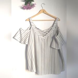 Flower & Feather Flutter Sleeve Striped Off the Shoulder Blouse Size 3X
